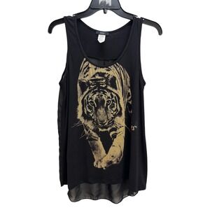 Vtg Issi Black Tan Tiger Embellished Graphic High Low Tank‎ Top M Sheer Back